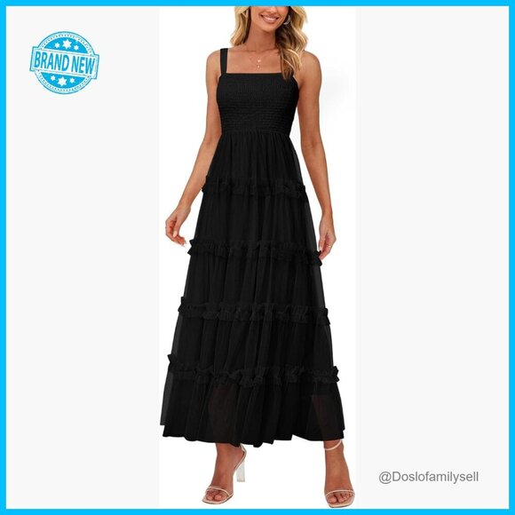 Dresses & Skirts - Sleeveless Smocked Tiered Ruffle Tulle A-Line Maxi Dress Elegant Boho Wedding